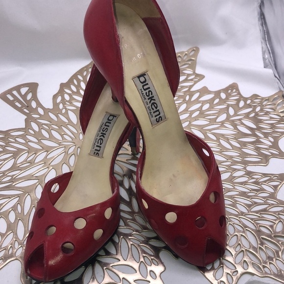 VINTAGE Buskens Made in Spain Polka Dot Peep Toe Red Heels Size 6.5 - Picture 5 of 12
